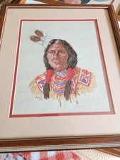 Vtg 95" Framed  Matted Needlepoint Native American Handmade In TX 17" X 15.25"