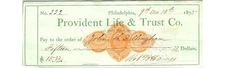 1875 Provident Life & Trust Company Check Philadelphia PA Banking Document