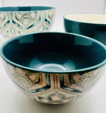 Anthropologie  Chic & Tonic safari nesting bowls turquoise,  Gold 5”,4.5”3 3/4”