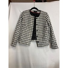 Talbots Womens Black Ivory Gingham Tweed Collarless Button Front Blazer Jacket 2