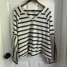 Vince Camuto Womens XXL Striped V-Neck Puff Sleeve Textured Knit Top Black White