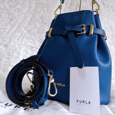 FURLA Aura Primula Leather Bucket Bag Crossbody Shoulder 2Way Used Authentic