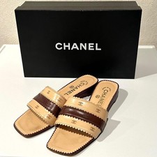 CHANEL Vintage Leather Flat Sandals Mules Size 35 Brown Beige With Box JAPAN