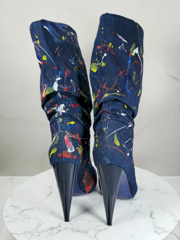Alexander McQueen Denim Peep Toe Botas Tacón Alto Pintura Salpicaduras Arte Diseño 38 EU Foto 2 de 4