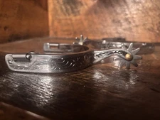 Engraved Stainless Western Cowboy Spurs with Star Rowels