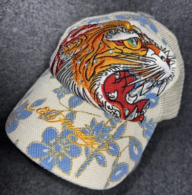 Ed Hardy Beige Blue Snapback Hat Embroidered Tiger Roar with Rhinestones 