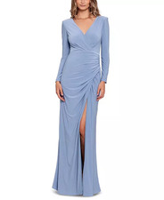 Betsy Adam Ruched Long-Sleeve Gown Blue 6