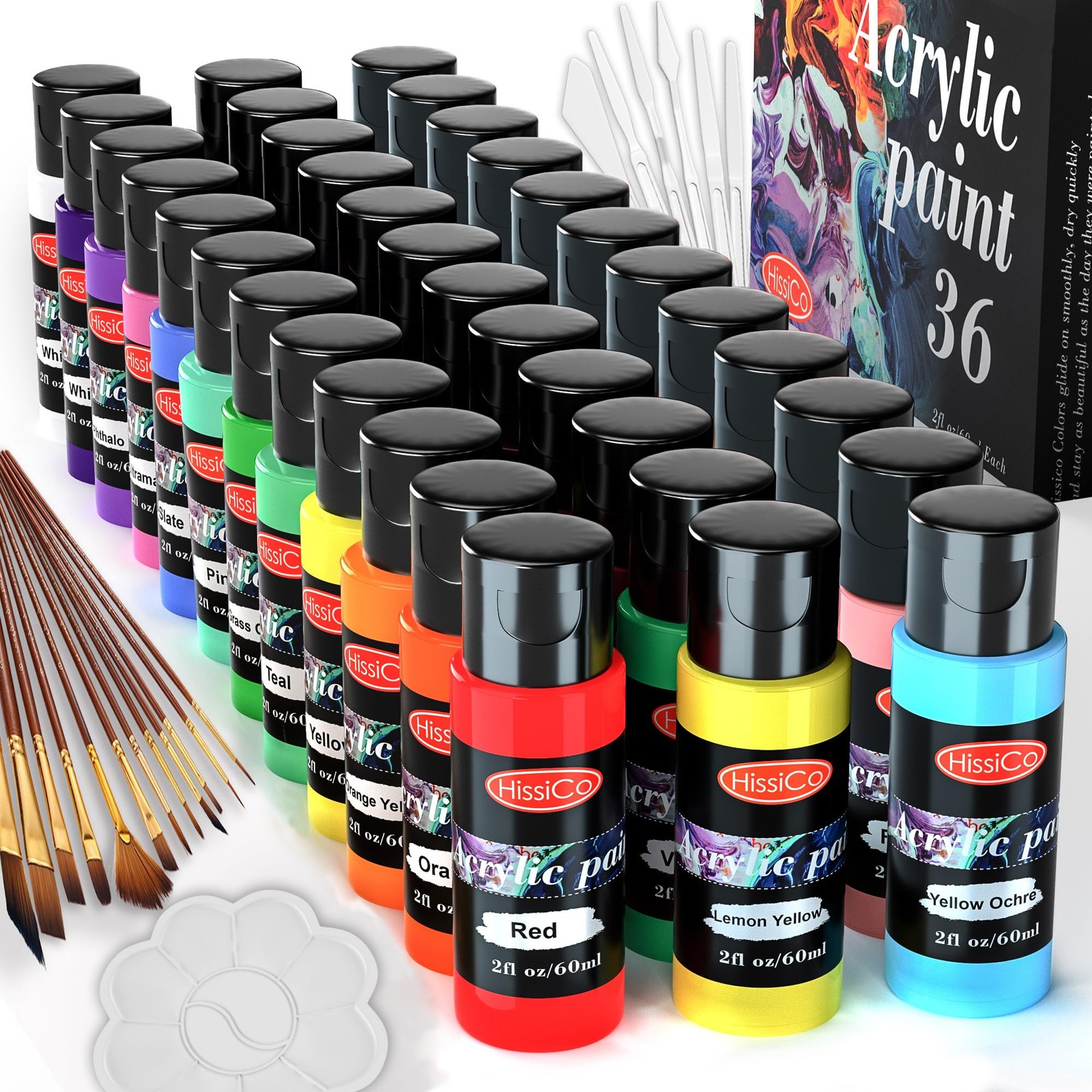 55PCS Acrylic Paint Set of 36 Colors 2fl oz 60ml Bottles 12 Brushes,Non 36 Co...