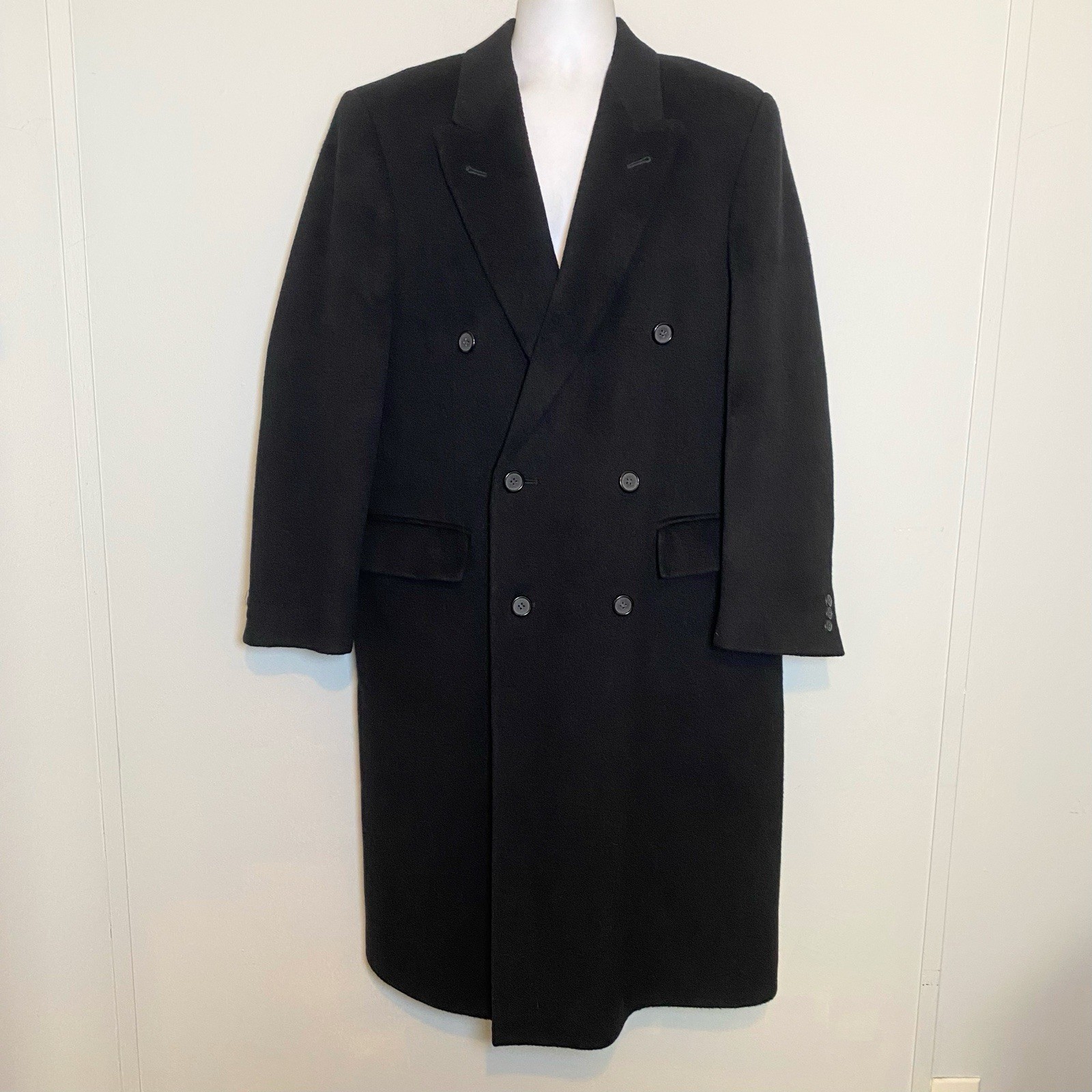 Vintage Black Wool Double Breasted Peacoat Long Trench Coat Size L