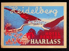 Art Deco Heidelberg Hotel Pension Haarlass Luggage Label 1930s Germany