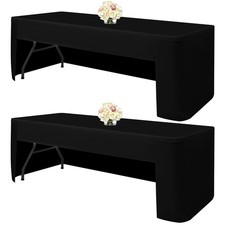 2 Pack Black Fitted Table Cover, Open Back Polyester Tablecloth for 8ft Recta...