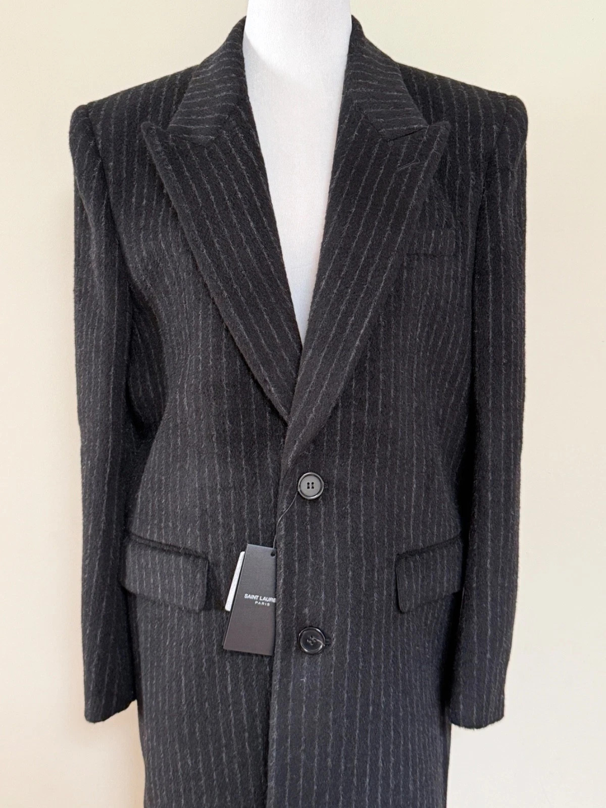 NWT Saint Laurent Manteau Tailleur Black Chalk Stripe Wool Mohair Coat 48 $5990 thumbnail 8