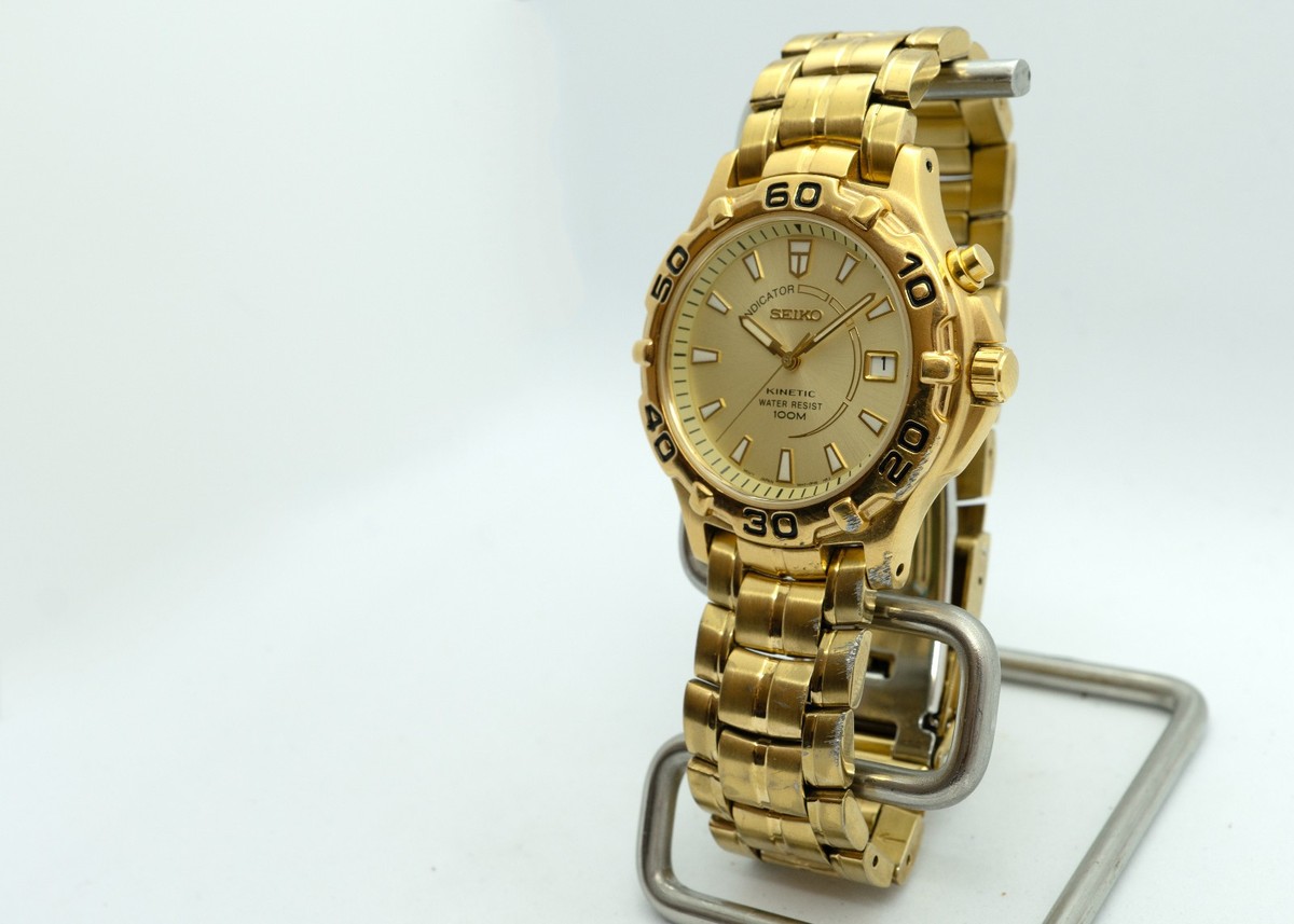 Seiko Kinetic 5M42-0M09 Gold Tone 100M Date Watch | New Crystal