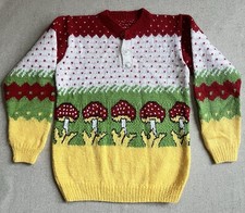 Kids Hand Knit Mushroom Sweater 6-7 Pullover Buttons Bright Fun
