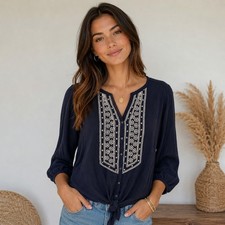 Lucky Brand blue embroidered top boho Beachy 1X
