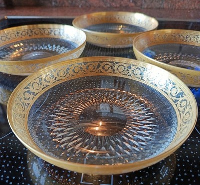 4 St. Saint Louis Thistle Gold Kristall Glas Schale Teller D 14,2cm TOP Zustand!