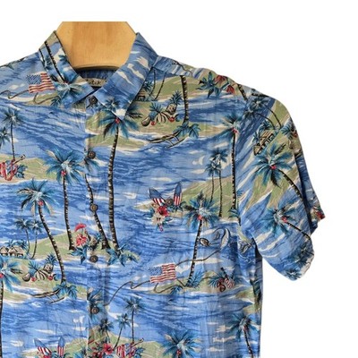 Batik Bay Mens XL Blue Tropical Palm Tree American Flag Rayon Hawaiian Shirt