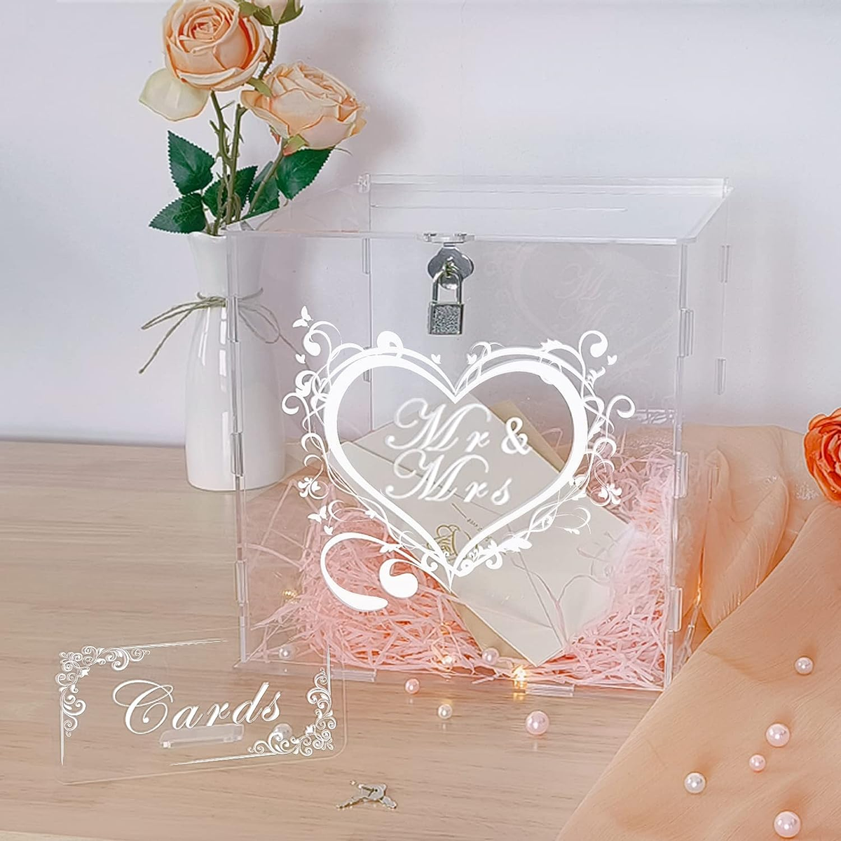 Scatola Portabuste Matrimonio In Acrilico - Con Serratura, 24.5x23x26 Cm, Trasparente - Foto 13