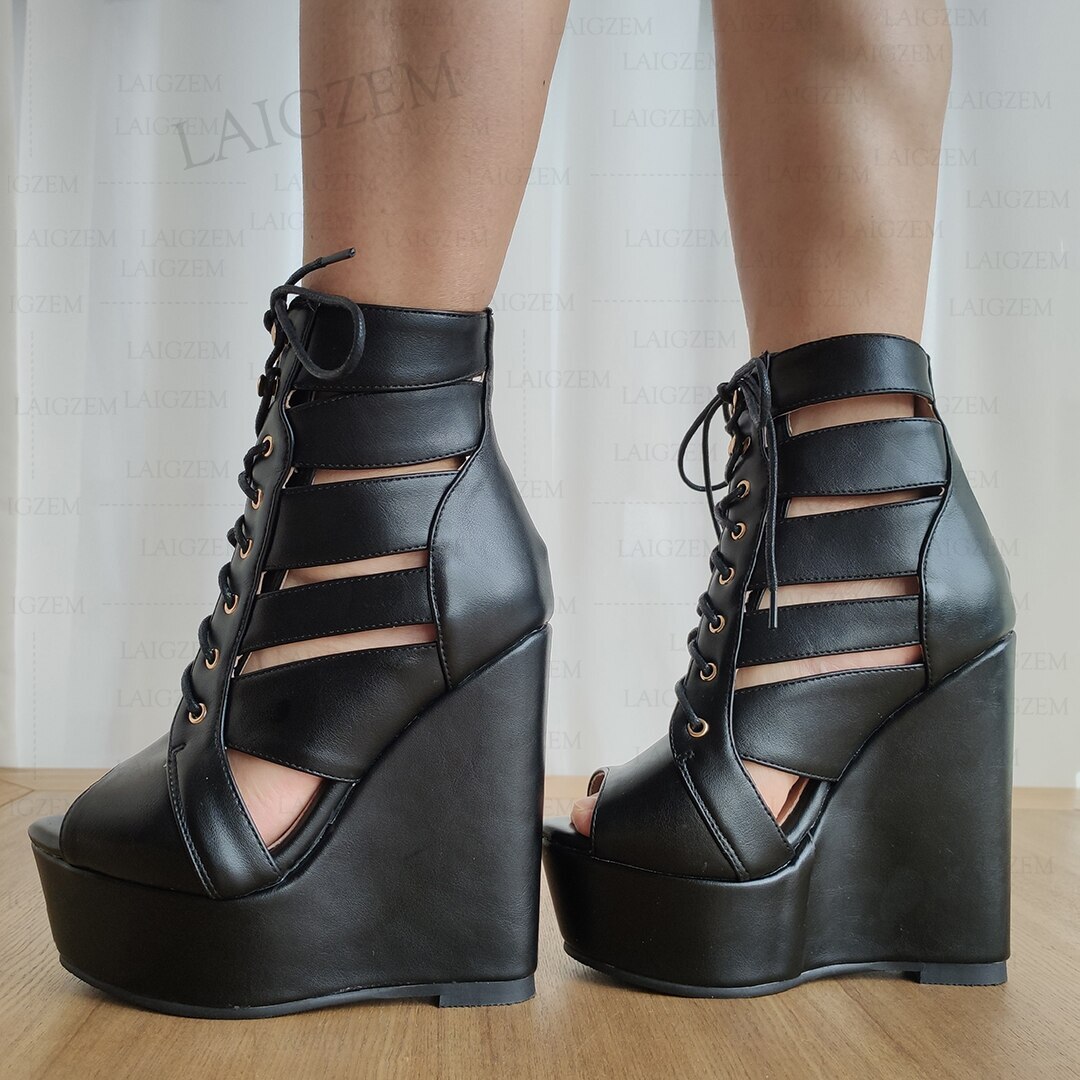 Women Sandals Platform Wedges Cut Outs Lace Up Faux Leather Sandals Shoes  Woman - Main Image