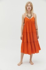 UO Agatha Tiered Midi Dress Urban Outfitters Button Orange Strap New Casual XS