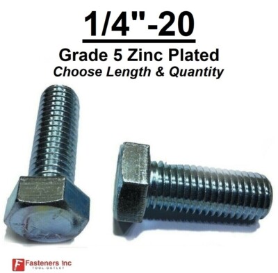 1/4-20 Hex Bolt Zinc Plated Grade 5 Cap Screw Coarse Thread (All Lengths & Qtys)