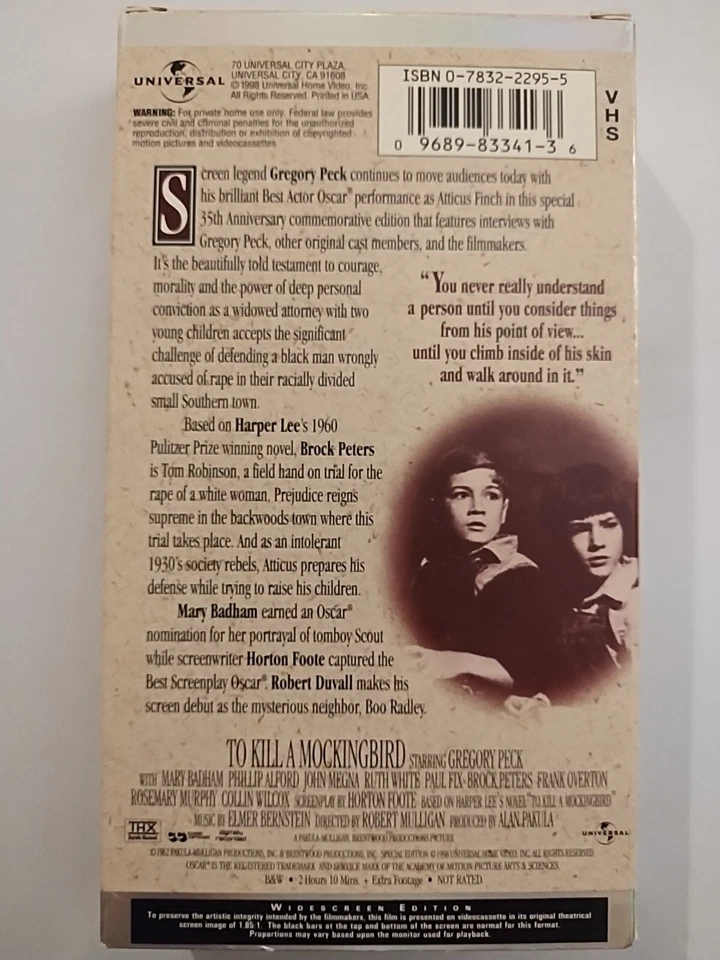 To Kill a Mockingbird -Gregory Peck (VHS, 1998, Widescreen) **Buy 2 Get 1 Free** - Image 2 of 2