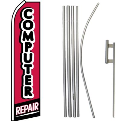 Computer Repair Red/ White / Black Swooper Flag & 16ft Flagpole Kit/Ground Spike