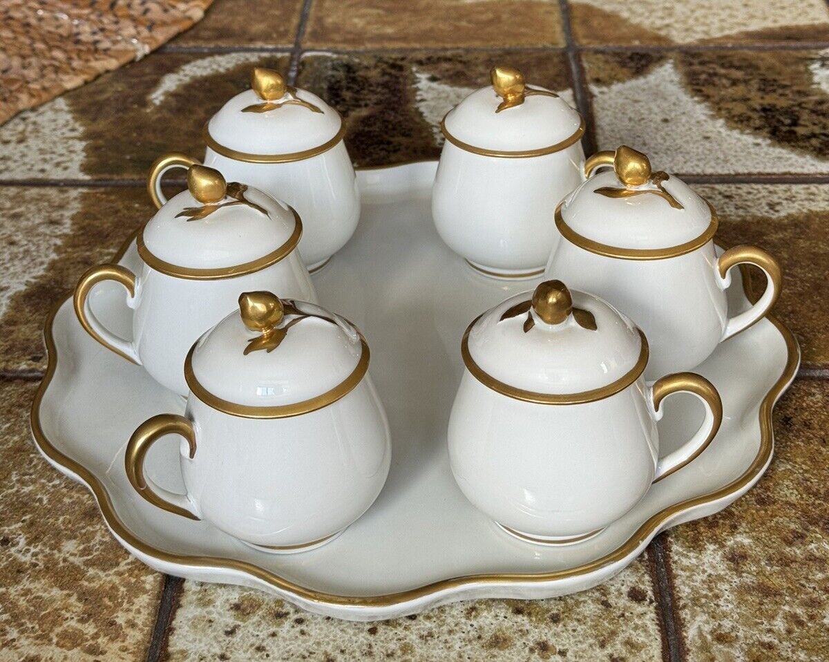 SET LIMOGES Porcelain 6 POTS de CREME gold rimmed with SET LIMOGES Porcelain 6 POTS de CREME gold rimmed with