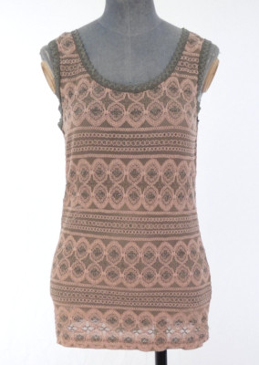 Noa Noa Knitted Tank Top Beige Lace Trim Geometric Pattern Retro Unusual Boho S