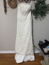 MORI LEE white straight neckline strapless gold beaded appliqué wedding dress 12