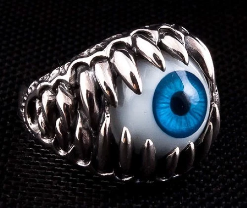 ANILLO GÓTICO PLATA ESTERLINA 925 GARRA GLOBO OJO MAL DE OJO AZUL NUEVO DIABLO MOTERO ROCK Foto 2 de 4
