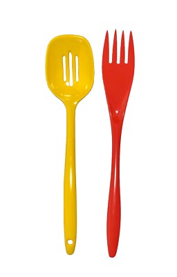 Rosti Mepal Melamine Slotted Spoon Fork Server Set Red Yellow 12 MCM VTG Denmark
