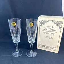 Vintage New Fine Set 2  W.M. Dalton 24% French Lead Crystal Champagne Flutes