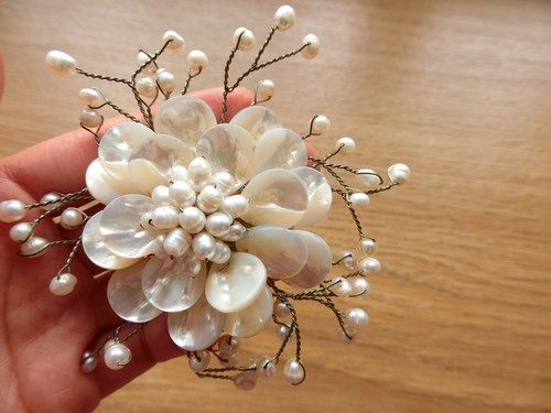 White Mother of Pearl & Baroque Pearl Flower Handmade Signature Brooch Pin, 10cm - Picture 5 of 14