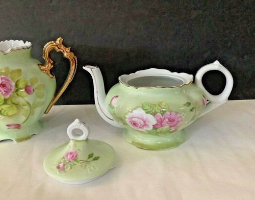 Pair Vintage Lefton Porcelain Roses Hand Painted Pitcher & Musical Box Tea Pot - Picture 5 of 9