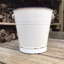 Old Vintage White Enamel Planter Bucket - No Handle -  8.75” Tall