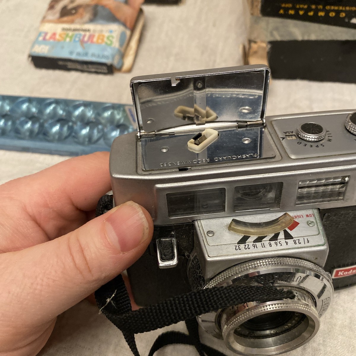 Kodak Automatic 35F Camera With Box And Sylviania Flashbulbs
