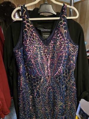 Nightway 22W Navy Multicolor Geometric Sequin Mesh V-Neck Sleeveless Long Gown