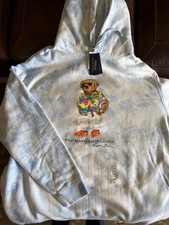 Polo Ralph Lauren Men's White Blue TIe-Dye Polo Bear Fleece Pullover Hoodie 2XLT