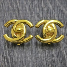 CHANEL Gold Plated CC Logos Turn Lock Vintage Clip Earrings #1103c Rise-on