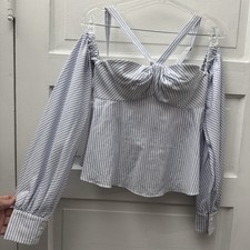 Jonathan Simkhai Striped Corset Crop Top Blue White Off Shoulder Long Sleeve 2