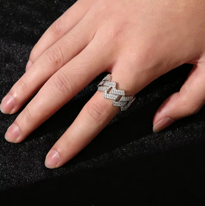 Anillo completo de moissanita de platino de plata de ley 925 de 10,5 mm de eslabones cubanos para hombre (8-10) Foto 2 de 4