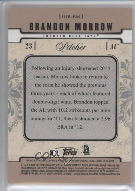 2014 Topps Triple Threads Unity Single Jumbo Relics /36 Brandon Morrow #UJR-BM - Image 2 of 2