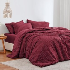 Seersucker Burgundy California King Comforter Set 7-Piece All Season Lightweight