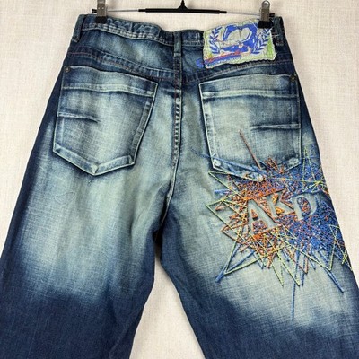 Y2K Akademiks Crazy Embroidered Patchwork Sz 34 Two Tone Baggy Jeans