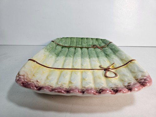 Plato para servir espárragos mayólica vintage verde blanco rosa cinta 12,5" X 7,5" - Imagen 5 de 11
