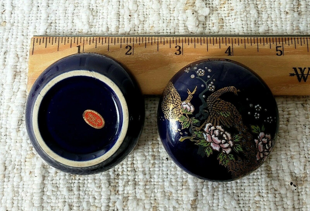 Kutani Japan Blue Round Trinket Box Bird Peacock Hand Painted