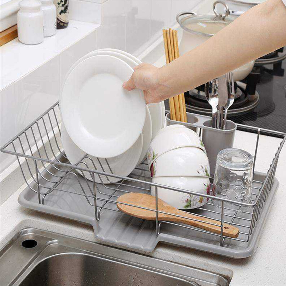 Chrome Dish Drainer Kitchen Sink Plate Drying Basket Cutlery Holder w/ Drip  Tray