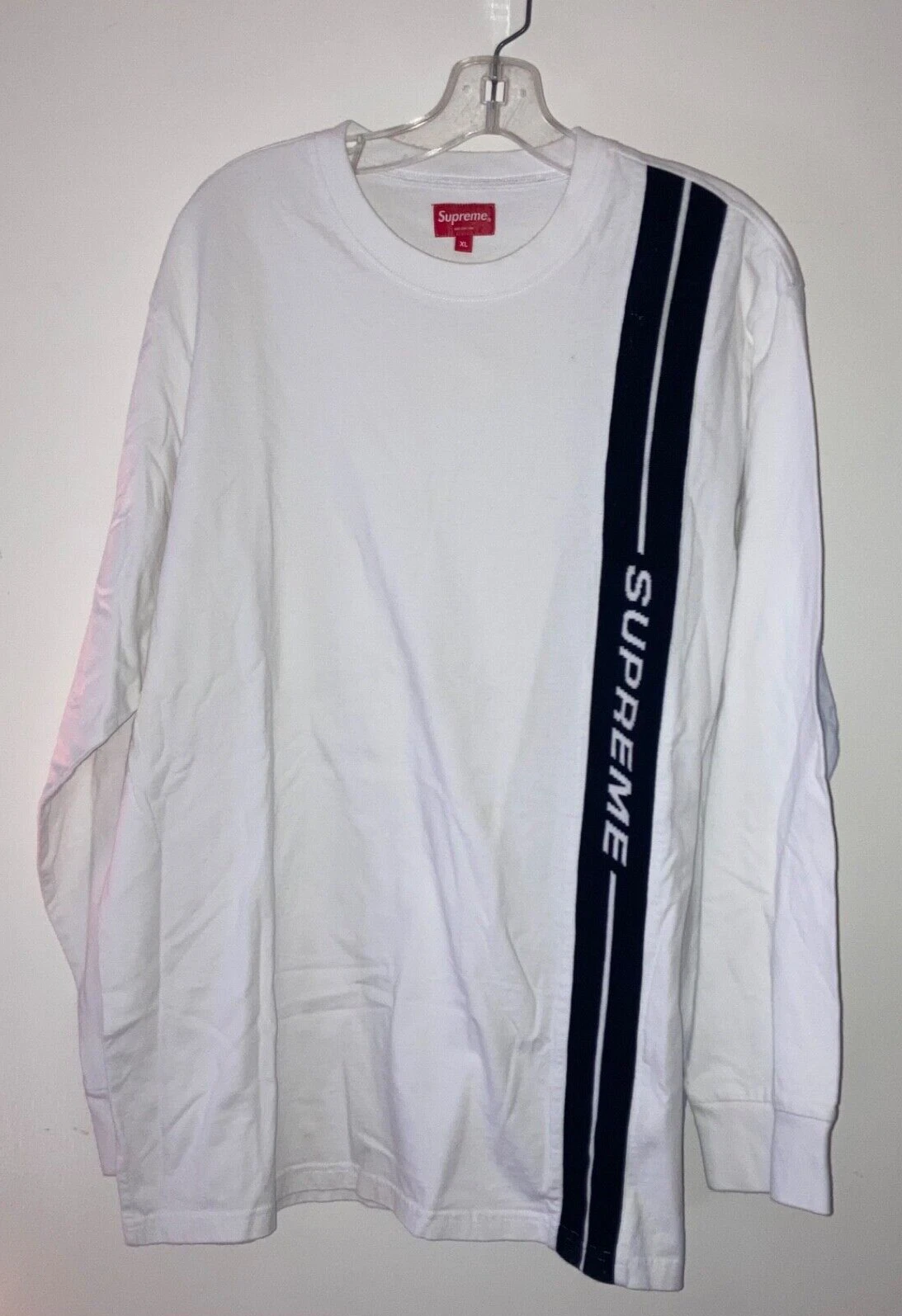 SUPREME FW18 T shirt blanc manches longues équipage logo vertical rayures streetwear XL