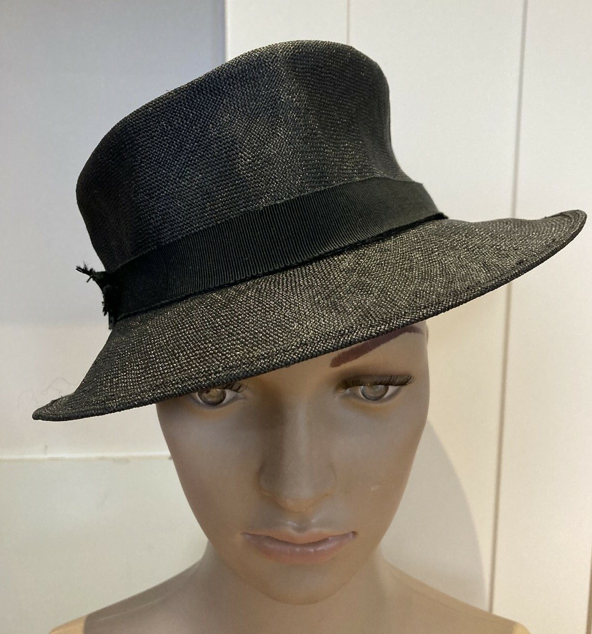 Peekaboo Vintage Topshop Black Straw Hat with Grosgrain Band & Bow, Size M 3